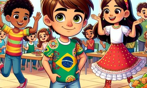 Un ragazzo di 12 anni, Marco, con capelli castani e occhi curiosi, si trova al centro dell'immagine, sorridendo. Indossa una maglietta colorata con motivi brasiliani e un pantaloncino di jeans, mentre tiene un piatto di brigadeiros, dolci brasiliani. Accanto a lui, Sofia, una ragazza di 11 anni di origine spagnola, con capelli lunghi e ondulati e un vestito rosso a pois bianchi, balla felicemente. Un po' più in là, Amir, un ragazzo di 12 anni di origine araba, con capelli neri e occhi scuri, mostra come preparare i falafel, concentrato e sorridente, indossando una maglietta verde. La scena si svolge in un'aula decorata con bandiere di tutto il mondo, con tavoli pieni di piatti tradizionali e bambini di diverse origini che ridono e si divertono. Marco e i suoi amici condividono le loro tradizioni culturali durante la Settimana della Diversità a scuola, celebrando la ricchezza delle loro origini attraverso cibo, danza e storie, creando un'atmosfera di gioia e unità.