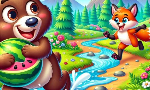 Um urso chamado Bubu, com pelagem marrom e macia, olhos brilhantes de travessura e um grande sorriso, está correndo atrás de uma melancia que rola colina abaixo, espirrando água e lama ao seu redor. Ao seu lado, uma raposa chamada Fifi, com pelagem ruiva e olhos travessos, ri alto enquanto tenta alcançá-lo, ficando um pouco atrás na margem do riacho. O cenário é uma floresta encantada, cheia de árvores com folhas verdes vibrantes, flores coloridas e um riacho cintilante que serpenteia pela paisagem. A cena principal mostra Bubu, o urso, em plena corrida, com uma expressão alegre e determinada, enquanto Fifi, a raposa, se diverte com a cena, criando uma atmosfera lúdica e alegre.