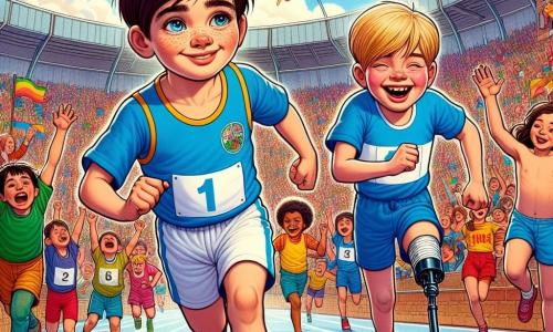 Într-un stadion în aer liber, un băiat de 11 ani pe nume Radu, cu părul brunet și ochii strălucitori, aleargă cu hotărâre pe pistă, îmbrăcat într-un tricou albastru și pantaloni scurți roșii. Lângă el, prietenul său Alex, tot de 11 ani, are părul blond și poartă o proteză la piciorul drept, dar aleargă cu un zâmbet mare, arătându-și bucuria de a participa. În fundal, se pot vedea alți copii, printre care un băiat pe nume Mihai, care îi privește cu un aer sceptic, cu brațele încrucișate, în timp ce spectatorii entuziaști îi încurajează din tribunele colorate. Stadionul este plin de culori vii, cu bannere fluturând în vânt și un cer albastru presărat cu nori albi. Scena principală îi arată pe Radu și Alex alergând umăr la umăr sub o ploaie ușoară, fețele lor strălucind de hotărâre și camaraderie, îndreptându-se spre linia de sosire, demonstrând că spiritul de echipă și prietenia sunt mai importante decât victoria.