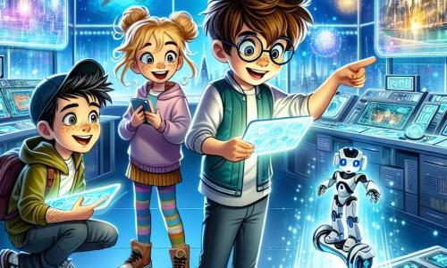 In een futuristisch laboratorium staan vier vrienden samen, verwonderd over hun ontdekking. Max, een 10-jarig jongetje met rommelig bruin haar en ronde bril, wijst naar een stralend hologram dat voor hen zweeft. Links van hem staat Tessa, een 9-jarig meisje met vlechten, die enthousiast glimlacht terwijl ze een verlichte tablet vasthoudt. Rechts staat Leo, een 10-jarige jongen met zwart haar en een pet, die een zwevend hoverboard observeert dat in de lucht draait. Tot slot leunt Sam, een 9-jarig jongetje met rood haar en sproeten, naar voren, gefascineerd door een scherm dat beelden van futuristische technologieën toont. Het laboratorium is gevuld met glinsterende machines en kleurrijke lichten, met glazen muren die een futuristische stad op de achtergrond onthullen, waar vliegende voertuigen door de blauwe lucht glijden. Hologrammen van robots en futuristische uitvindingen zweven om hen heen, wat een magische en dynamische sfeer creëert. De vrienden hebben een ongelooflijk geheim ontdekt: een verborgen laboratorium waar ze technologieën van de toekomst kunnen verkennen. Ze zijn klaar om uitdagingen aan te gaan om deze buitengewone uitvindingen te leren gebruiken en hun impact op de wereld te begrijpen.