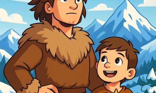 A young man, Einar, about 18 years old, stands at the top of a snowy mountain, his face marked by determination and hope. He has long, tousled brown hair and wears a thick fur tunic, with an intense gaze fixed on the horizon. Beside him, his 10-year-old brother Leif, with bright eyes and an innocent smile, looks up at his older brother with admiration, holding a small carved piece of wood shaped like a sun. The breathtaking landscape features majestic snow-capped mountains, a clear blue sky dotted with white clouds, and a sparkling frozen lake below, surrounded by snow-laden evergreens. The scene captures the moment when Einar, having overcome many challenges, prepares to descend to his village with the heart of winter in hand, ready to bring light and hope to his people.