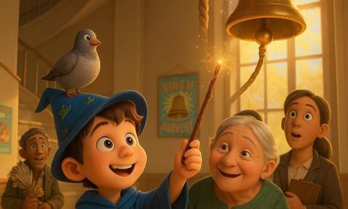 A young apprentice wizard boy with a round, enthusiastic face and bright hopeful eyes wears a pointed blue hat embroidered with small frogs; he holds a cinnamon-stick wand wrapped in copper wire and raises his hand like a conductor to encourage a bell. Grandma Nettle, about 70, with soft wrinkled skin, gray hair in a bun, a worn green dress and a kind smile, stands to his left with a reassuring hand on his shoulder. Ms. Pepple, about 35, with chestnut hair in a ponytail and an official outfit holding a clipboard, stands behind him to the right looking up hopefully. Mr. Broomley, about 60, in a worn jacket holding a mop turned into a bouquet, stands back left amused and surprised. A plump pigeon perches on the boy's hat then hops to the floor watching. Location: a shiny town hall hall with a cream spiral staircase, tall windows letting in a golden beam, colorful posters, and a round hole in the ceiling with a rope leading to the bell. Main action: a joyful moment as townspeople whisper wishes while the rope becomes normal and the bell begins to swing; surprised and relieved expressions, warm colors, sparkling light on the bell and small magical sparks around the wand and rope. Graphic style: smooth, colorful 3D render, soft textures, childlike proportions, warm humorous atmosphere.