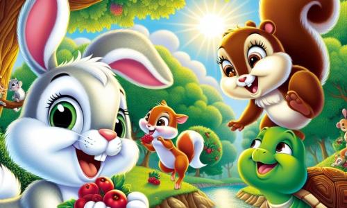 In het midden van de afbeelding staat Benny het konijn, een klein figuur met grote oren en een witte vacht, die vrolijk glimlacht terwijl hij springt bij een grote eik. Zijn ogen fonkelen van opwinding terwijl hij een heerlijke rode bes in zijn pootjes vasthoudt. Aan zijn rechterkant lacht Lila het eekhoorntje, met haar bruine vacht en pluizige staart, terwijl ze een tak op klimt, klaar om meer bessen te vangen. Ze heeft een ondeugende blik op haar gezicht. Aan de linkerkant kijkt Timmy de schildpad, met zijn groene schild en zachte ogen, trots glimlachend terwijl hij een bes in zijn poot houdt, terwijl hij op een klein hoopje bladeren staat. Op de achtergrond stroomt een glinsterende rivier rustig, omringd door kleurrijke bloemen en majestueuze bomen, onder een zonnige blauwe lucht. De scène toont de vriendschap en vreugde van de personages terwijl ze zich voorbereiden om een feestmaal van bessen te delen onder de grote eik.