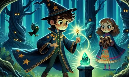 Al centro dell'immagine, un giovane mago di nome Marco, di circa 12 anni, si trova con un'espressione di determinazione sul volto. Ha capelli castani disordinati, occhi brillanti di curiosità e indossa una veste da mago blu notte decorata con stelle dorate. Nella sua mano destra tiene una bacchetta magica che emette una luce verde, mentre guarda con meraviglia un cristallo brillante posato su un piedistallo davanti a lui. Alla sua destra, Sofia, una ragazza di 11 anni con capelli ricci e un vestito colorato, osserva Marco con un sorriso incoraggiante. Tiene in mano un libro antico, pronta ad aiutarlo con le sue conoscenze magiche. Sullo sfondo, la Foresta dei Sussurri è rappresentata con alberi maestosi dai tronchi contorti, le cui foglie brillano in tonalità di verde e blu. Ombre misteriose danzano tra i rami, aggiungendo un'atmosfera di magia e avventura. La scena principale mostra Marco pronto a recuperare il Cristallo della Verità, un oggetto scintillante che emette raggi di luce, mentre ombre minacciose si profilano attorno a lui, creando un contrasto tra la luce del cristallo e l'oscurità della foresta.