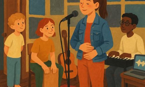 Protagonista: Marta, adolescente/giovane donna, viso concentrato e sereno, sorriso timido, capelli castani raccolti in coda, giacca di jeans, canta dolcemente davanti al microfono con una mano sul ventre; ragazzo secondario: Nico, circa 8 anni, capelli ricci e occhi curiosi, in pigiama o maglietta, vicino alla porta della mansarda con le mani dietro la schiena e sguardo meravigliato; donna secondaria: Giulia, adolescente, batterista con capelli corti e rossi, abbigliamento informale, suona dolcemente il cajón a sinistra di Marta con bacchetta appoggiata e sguardo complice; uomo secondario: Amir, adolescente tastierista, carnagione olivastra e occhiali sottili, seduto alla tastiera a destra di Marta con le dita pronte e sguardo attento; luogo: mansarda-studio accogliente con pavimento in legno scuro, pannelli acustici grigio e blu, tappeto rosso spesso, luce calda e soffusa, microfono su stativo al centro, chitarra appoggiata su una sedia e computer con forma d'onda sullo schermo; situazione: prova calma e collaborativa, musicisti in modalità “semaforo” (giallo: molto pianissimo), atmosfera dolce, concentrata e di supporto reciproco in preparazione allo spettacolo.
