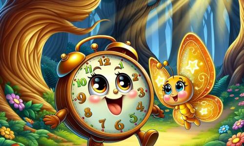 El personaje principal es un pequeño reloj llamado Tic-Tac, con grandes ojos brillantes y una amplia sonrisa. Tiene un cuerpo de madera pulida, decorado con patrones coloridos, y sus agujas doradas giran alegremente. Tic-Tac expresa emoción y determinación mientras avanza con entusiasmo en el claro-oscuro del bosque encantado. A su lado, una mariposa dorada llamada Brillita, con alas brillantes y patrones en forma de estrellas, revolotea a su alrededor. Ella muestra una expresión alegre y alentadora, iluminando el camino con su luz dorada. El lugar es un claro oscuro en el corazón de un bosque encantado, donde grandes árboles con troncos retorcidos se elevan hacia el cielo, sus hojas brillantes bailan al viento. El suelo está cubierto de flores multicolores que brillan como gemas bajo la luz del sol filtrada. La situación principal muestra a Tic-Tac y Brillita frente a un gran árbol antiguo, con una puerta secreta brillante en su tronco. Están listos para entrar en el corazón del bosque para salvar la magia del lugar, rodeados de una atmósfera de misterio y aventura.
