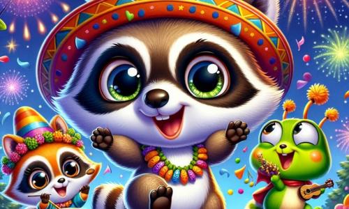 Un pequeño ratón llamado Lolo, con grandes ojos brillantes y bigotes temblorosos, baila alegremente en medio de una fiesta de Año Nuevo, con una gran sonrisa en su rostro. Lleva un pequeño sombrero de fiesta colorido y sostiene una guirnalda de flores en sus patas. A su lado, su hermana Lili, una ratoncita de orejas redondas y ojos brillantes, salta de alegría, con las patas levantadas hacia el cielo, llena de emoción. Un poco más lejos, Pipo, un saltamontes verde brillante, toca música frotando sus patas, con una expresión concentrada y feliz en su rostro. La escena transcurre bajo un gran roble, decorado con hojas y flores coloridas, con luces centelleantes y estrellas brillantes en el cielo nocturno. Los fuegos artificiales estallan en el fondo, iluminando la noche con colores vibrantes. Los personajes celebran juntos, rodeados de risas y alegría, creando una atmósfera festiva y mágica.