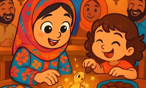 Una bambina di 6 anni, Amina, con grandi occhi brillanti e un sorriso radioso, è seduta a un tavolo decorato con piatti colorati per il pasto del Ramadan. Indossa un abito tradizionale con vivaci motivi floreali e una piccola sciarpa colorata in testa, con le guance leggermente arrossate dall'emozione. Accanto a lei, sua sorella Layla, di 4 anni, con riccioli castani e un'espressione birichina, allunga la mano per prendere un dattero, gli occhi scintillanti di gioia. La scena si svolge in una accogliente sala da pranzo, con pareti adornate di lanterne scintillanti e tappeti colorati sul pavimento. Una grande finestra lascia entrare la luce soffusa della sera, illuminando i volti dei bambini. Amina e Layla sono circondate dalla loro famiglia, ridendo e condividendo storie, mentre una piccola lucertola dorata, Luma, si trova sul tavolo, pronta a fare la sua magia. La scena principale mostra Amina, meravigliata, che allunga la mano verso Luma, che brilla di mille luci, mentre la famiglia si prepara a rompere il digiuno insieme, creando un'atmosfera di felicità e condivisione.
