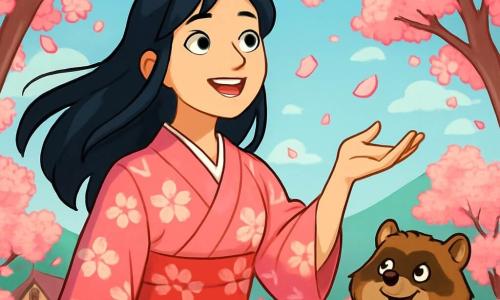 Haruka, una donna di circa trent'anni, si trova al centro della scena, con i suoi lunghi capelli neri che fluttuano dolcemente nel vento. Il suo viso esprime una determinazione luminosa, con occhi brillanti di curiosità e un sorriso caloroso. Indossa un kimono tradizionale con motivi di fiori di ciliegio, che si armonizza con il paesaggio. Accanto a lei, il saggio Tanuki, un piccolo animale dai peli marroni e dagli occhi maliziosi, la osserva con uno sguardo divertito. Si tiene sulle zampe posteriori, pronto a darle consigli, mentre un leggero sorriso gioca sulle sue labbra. Il loro ambiente è un magnifico villaggio giapponese, Sakura-mura, dove i ciliegi in fiore si ergono maestosi, con i loro petali rosa che cadono come una pioggia delicata. Sullo sfondo, si delineano montagne verdognole sotto un cielo azzurro chiaro, creando un'atmosfera pacifica e magica. La scena principale mostra Haruka mentre tende la mano verso un petalo di ciliegio che fluttua nell'aria, simboleggiando il suo legame con la natura e la sua ricerca per salvare gli alberi. Il Tanuki, al suo fianco, sembra pronto a incoraggiarla in questa avventura piena di promesse.
