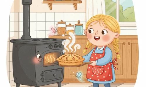 Ein etwa sechsjähriges blond geflochtenes Mädchen als Köchin, rundes lächelndes Gesicht, trägt eine gepunktete Schürze, hält einen Kuchenschieber aus Holz und hat gerade eine goldene Apfeltarte aus dem Ofen geholt; links ein alter gusseiserner Ofen mit einer kleinen fensterähnlichen Öffnung wie ein Auge und stilisierten Hitzestrahlen, warm wirkend auf dem gefliesten Boden; zwei kleine unsichtbare Helfer als durchscheinende Pastell-Sprites (rosa und blau) wie Schmetterlinge wirbeln um die Tarte und streuen Zuckerfunken; gemütliche einfache Küche mit hellem Holzarbeitsplatz, weißen Fliesen, Regalen mit bunten Gläsern und weichem Licht aus einem rechts sichtbaren Fenster mit verschwommenem Garten; die Tarte mittig mit goldener Kruste, sichtbaren roten und gelben Apfelscheiben und stilisiertem Dampfwirbel; klare zentrierte Komposition, weiche Farbpalette (warme Gelbtöne, sanfte Rottöne, Pastellblau), abgerundete Formen und kinderfreundliche Atmosphäre.