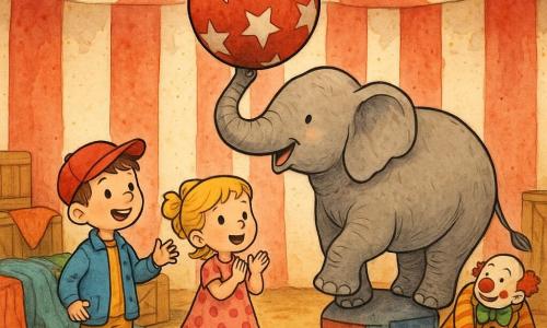 Vier Figuren: Max, 6 Jahre, kurze braune Haare, rote Kappe, blaue Jacke, links stehend, reicht die Hand zum Ball und lächelt das Elefant an; Leni, 5 Jahre, blonde Haare mit großer gelber Schleife, gepunktetes rosa Kleid, rechts von Max, klatscht mit großen Augen; Fridolin, erwachsener Clown, weiß-rot geschminkt, gestreifte Jacke, roter Rundnase, hockt hinter den Kindern und hebt einen gepunkteten Schuh auf; breites graues Elefant in der Mitte leicht hinter den Kindern, Rüssel erhoben und balanciert einen großen roten Ball mit weißen Sternen. Ort: Inneres eines rot-weiß gestreiften Zirkuszelts, warme Lichterketten, Holzkisten und bunte Stoffe auf dem Boden, etwas Stroh in einer Ecke. Szene: Das Elefant balanciert den Ball, zwei Kinder helfen und klatschen, der Clown hebt einen Schuh auf; kräftige Farben, klare Tuschelinien, punktierte Texturen für Stoff und Fell, fröhliche Mienen und übertriebene Gesten.