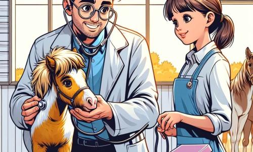 Um veterinário homem, na casa dos trinta anos, com cabelos castanhos bagunçados e óculos redondos, sorri com benevolência. Ele usa um jaleco branco e segura um estetoscópio, inclinado em direção a um pequeno pônei de pelagem dourada, que parece calmo e feliz. Ao lado dele, uma mulher na casa dos quarenta anos, com cabelos castanhos presos em um coque, observa com um sorriso caloroso. Ela usa um avental azul e segura uma caixa de petiscos para animais, pronta para recompensar o pônei. A cena acontece em um estábulo iluminado, com paredes de madeira clara e raios de sol filtrando pelas janelas, iluminando a palha dourada no chão. Cavalos de cores variadas estão ao fundo, adicionando vida ao ambiente. O veterinário examina atentamente o pônei, ouvindo seu coração com o estetoscópio, enquanto a mulher prepara um petisco, criando uma atmosfera de confiança e cuidado.