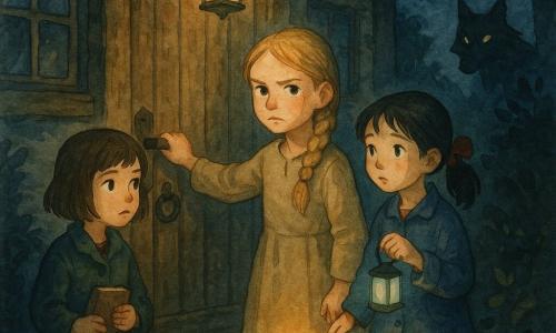 Three girls: Elsie, about 10, blond hair in a thick braid, simple linen dress, standing center in front of an oak door with her hand on the handle and a determined look; Mara, about 10, brown bob, dark green coat, left of Elsie, holding a small notebook and watching the alley cautiously; June, about 9, black ponytail with a red ribbon, blue jacket, right of Elsie, holding a small mint tin that glints under the lamp and poised to tap it like a bell. Setting: in front of an old wooden cottage with an oak door, iron knocker and small leaded windows, a warm lantern above the door casting soft light onto a wet cobbled alley framed by dark bushes and trees; watercolor palette of deep blues, ochres and greens with grainy texture and soft edges. Main situation: the three girls form a small luminous barrier before the door with candles on the ground, while a wolf silhouette hides behind a bush to the right—yellow eyes gleaming, muzzle partly visible, sly but at a distance—creating a tense yet reassuring contrast between the girls' warm light and the wolf's cold shadow.
