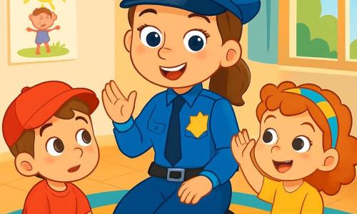 Eine lächelnde Polizistin in einer leuchtend blauen Uniform mit einem glänzenden Abzeichen steht in der Mitte des Bildes. Ihre Augen funkeln vor Freude und Stolz, während sie den Kindern etwas erklärt. Rechts von ihr sitzt der 6-jährige Timmy mit einer roten Mütze und neugierigen Augen, der ihr aufmerksam zuhört, die Hände auf den Knien. Links von ihr hebt die 5-jährige Lucy mit lockigem Haar und einem bunten Haarband begeistert die Hand, bereit, eine Frage zu stellen. Die Szene spielt in einem hellen Klassenzimmer mit Wänden, die mit Kinderzeichnungen dekoriert sind, einem bunten Teppich auf dem Boden und Fenstern, die Sonnenlicht hereinlassen. Die Polizistin erzählt fesselnde Geschichten über ihre Arbeit, während die Kinder, im Kreis um sie herum sitzend, mit Staunen zuhören, ihre Gesichter erleuchtet von Neugier und Aufregung.
