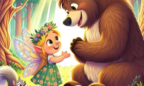 Lulu, o mică zână cu aripi strălucitoare și un zâmbet radiant, îi întinde tatălui ei, un mare urs brun cu blană moale și ochi strălucitori de bucurie, un album colorat de amintiri. Lulu poartă o rochie cu flori și are părul împodobit cu flori sălbatice, în timp ce ursul, emoționat, se apleacă pentru a vedea mai bine albumul. Lângă ei, o veveriță mică cu ochi jucăuși, având o coadă pufoasă, observă scena cu un zâmbet complice, ținând o nucă în lăbuțe. În fundal, pădurea fermecată este plină de copaci mari cu trunchiuri noduroase, flori strălucitoare și un rază blândă de soare filtrându-se printre frunze, creând o atmosferă magică. Scena reprezintă ziua tatălui, unde Lulu oferă cu drag cadoul ei făcut manual, înconjurată de prietenii ei animale, toți pregătiți să sărbătorească acest moment special.