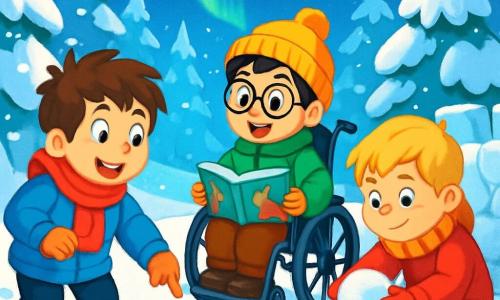 Există 3 personaje: - Andrei: un băiat de 8 ani, cu părul castaniu și ochi strălucitori de curiozitate. Poartă o haină albastră și o eșarfă roșie, arătând cu degetul o amprentă în zăpadă, cu un zâmbet mare pe față. - Mihai: un băiat de 9 ani, cu părul negru și ochelari rotunzi. Este așezat în scaunul său cu rotile, îmbrăcat într-o geacă verde și o căciulă galbenă. Se uită la prietenii săi cu entuziasm, ținând o carte despre animalele din pădure. - Vlad: un băiat de 7 ani, cu părul blond și obrașe roz. Poartă o combinație de schi roșie și o eșarfă cu dungi. Este ghemuit, modelând un om de zăpadă, cu o expresie concentrată pe față. Locul se desfășoară într-o pădure de iarnă magică, unde copacii majestuoși sunt acoperiți cu un strat gros de zăpadă strălucitoare. Solul este acoperit cu un mantou alb, iar fulgii de zăpadă cad ușor din cerul albastru deschis. În depărtare, aurorele boreale dansează pe cer, iluminând peisajul cu culori vii. Situația principală îi arată pe cei trei prieteni în plină explorare, descoperind urme de animale în zăpadă și construind împreună o fortăreață de zăpadă, râzând și distrându-se, înconjurați de frumusețea pașnică a iernii.