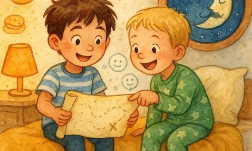 Twee hoofdpersonages: Milo, bijna 6, warrig bruin haar, blauw-wit gestreept t-shirt, zit links op het bed met de benen over de rand en houdt een grote opgerolde kaart vast; Sem, bijna 6, kort blond haar, groen pyjamaatje met sterretjes, zit rechts, lacht en wijst naar de kaart terwijl hij naar Milo toe leunt alsof hij fluistert. Kamer 's avonds, warme oranje nachtlamp, crèmekleurige muren met maan- en pannenkoekenstickers, gerimpelde mosterdkleurige katoenen deken, zachte kussens, lichte houten vloer en ronde ruit met nachtblauwe hemel en een getekende snorrenmaan. Situatie: ze ontvouwen een lichtgloeiende 