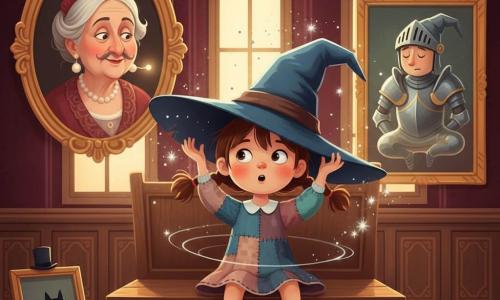 A 5–6-year-old apprentice witch girl with messy chestnut braids, a round face and a mischievous surprised expression, wearing mismatched socks and a patchwork dress, sits on a polished wooden bench trying to remove an oversized pointed hat that partly covers her face; in a burgundy-velvet, carved-wood gallery lit by soft golden light, a painted lady portrait to the left raises her eyebrows and smiles teasingly, a painted knight in stylized armor to the right begins to joggle awake like a jelly doll, and a small black queen’s cat with a tiny top hat in a low frame near the floor blinks slowly; the magical hat spins the girl slightly, scattering silver stardust sparks while the portraits’ expressions shift in playful ways (pearly necklaces gleaming, drawn-on mustaches), creating a warm, whimsical scene with rich colors, glossy textures, soft focus and a composition centered on the girl and her hat.