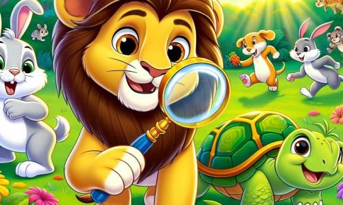 Al centro dell'immagine, Leo, un giovane leone dagli occhi brillanti e dalla criniera dorata, mostra un'espressione di determinazione ed eccitazione. Tiene una lente d'ingrandimento in una zampa, scrutando attentamente il terreno, come se stesse cercando indizi. Accanto a lui, Tilly, una piccola tartaruga dalla corazza verde brillante, guarda intorno con curiosità, i suoi occhi rotondi riflettono entusiasmo. Benny, un coniglio bianco dalle lunghe orecchie, salta gioiosamente, tenendo una carota tra le zampe anteriori, pronto ad aiutare i suoi amici nella loro indagine. Il contesto si svolge in un parco colorato, pieno di fiori vivaci e alberi verdi, dove i raggi di sole filtrano tra le foglie, creando ombre danzanti sul terreno. Sullo sfondo, animali di diverse specie si divertono, aggiungendo un'atmosfera festosa alla scena. La situazione principale mostra Leo, Tilly e Benny intenti a cercare indizi per risolvere il mistero della scomparsa del tesoro della festa, con un'atmosfera di suspense e avventura palpabile nell'aria.