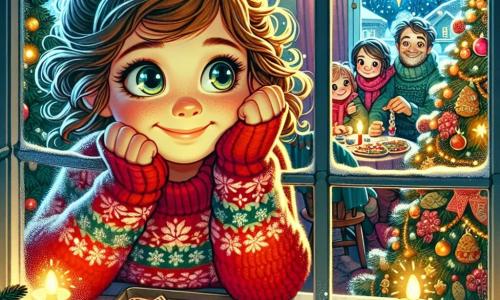 Una ragazza di 12 anni, Stella, con grandi occhi brillanti e capelli castani ricci, guarda con meraviglia da una finestra appannata, il suo viso illuminato dalla luce delle decorazioni di Natale. Indossa un maglione rosso di lana con motivi di fiocchi di neve, e un leggero sorriso tradisce la sua eccitazione. All'interno della casa, sua madre, una donna di circa quarant'anni con capelli biondi raccolti in uno chignon, decora biscotti a forma di stella sulla tavola, mentre suo padre, un uomo gioviale di quarant'anni con una barba sale e pepe, racconta storie seduto su una poltrona vicino all'albero di Natale. Il luogo è una calda sala da pranzo, adornata con ghirlande luminose scintillanti, un grande albero decorato con palline colorate e ghirlande dorate, e un tavolo carico di dolcetti natalizi. La neve cade dolcemente all'esterno, creando un paesaggio fiabesco. Stella, affascinata da una piccola luce nel giardino, esita tra unirsi alla sua famiglia per i preparativi di Natale o seguire quella misteriosa luce che sembra chiamarla.