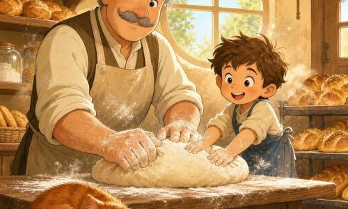 Un hombre, Don Bruno, alto y sereno, rostro redondo con bigote gris, ojos suaves y sonrisa benigna, con delantal enharinado, amasa una gran bola de masa sobre una mesa de madera mirando a la cámara; a su derecha, un niño de unos 5 años, cabello castaño despeinado, de pie en un pequeño taburete imita con alegría los gestos y aprieta la masa; en un rincón duerme una gatita rojiza sobre un saco de harina, pelaje esponjoso y cola enroscada; la panadería, iluminada por una luz amarilla cálida, con paredes crema, estanterías de madera llenas de panes dorados y frascos de vidrio, una gran ventana circular y una campanilla en la puerta; situación principal: ambos amasan juntos en la mesa, con harina en el aire y bandejas de panes ya horneados detrás, atmósfera acogedora y reconfortante.