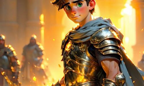 Un giovane di nome Leonidas, di circa 16 anni, si erge orgogliosamente al centro della scena. Ha capelli castani disordinati, occhi verdi che brillano di determinazione e indossa un'armatura leggera scintillante alla luce dorata del sole. Il suo volto esprime intensa concentrazione mentre brandisce una spada luminosa, pronto ad affrontare il Minotauro. Accanto a lui, una giovane di nome Daphne, di 15 anni, usa la sua magia per creare un'aura splendente attorno a sé. Ha lunghi capelli biondi e occhi blu, vestita con un abito fluido decorato con motivi di stelle. Si tiene leggermente in disparte, le mani sollevate, concentrata sul suo incantesimo. Un altro personaggio, Aris, un ragazzo di 17 anni, si trova a sinistra di Leonidas. Ha capelli neri e occhi marroni, con un arco di legno intagliato. La sua espressione è piena di coraggio, pronto a scoccare una freccia se necessario. Il contesto è un antico labirinto, con muri di pietra coperti di viti verdi e fiori colorati. Ombre danzano intorno a loro, creando un'atmosfera misteriosa e magica. La scena principale mostra Leonidas di fronte al Minotauro, una creatura massiccia con corna imponenti e uno sguardo feroce. Leonidas, armato della sua spada, è pronto ad affrontare la bestia, mentre Daphne e Aris si trovano al suo fianco, uniti in questa prova eroica.