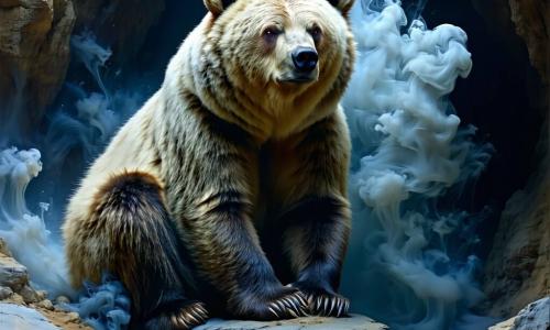 Un gran oso pardo antropomórfico (Leónidas), pelaje denso y texturado, ojos suaves pero decididos, sentado sobre una piedra fría con una pata junto a la oreja como para escuchar, rostro concentrado y sereno; una brisa visible en forma de banda de humo translúcido plateado, sinuosa y luminosa, rodea al oso y guía la mirada hacia el interior de la cueva; una sombra-grieta, nube negra de bordes dentados con débiles ojos rojos, retrocede y se agrieta en volutas cuando el oso cuenta historias, mostrando confusión y hambre apagada; un círculo de pequeñas piedras cubiertas de líquenes luminosos verdes y azules delante del oso, de donde emergen pequeñas notas visuales como burbujas sonoras coloreadas; la cueva: entrada estrecha de rocas húmedas, paredes estriadas, estalactitas brillantes como dientes de vidrio, suelo mojado que refleja manchas de luz dorada y fría, atmósfera brumosa y misteriosa; situación: el oso escucha y narra en voz baja, las sombras retroceden en remolinos, la brisa guía y el resplandor de los líquenes ilumina la escena en un contraste inquietante pero reconfortante.