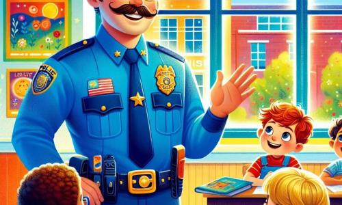 A smiling police officer, a man in his thirties with a well-groomed mustache and sparkling kind eyes, is wearing a bright blue uniform and a shiny badge on his chest. He is joyfully talking with children in a bright classroom surrounded by colorful posters about safety and kindness. A small boy, Timmy, 7 years old with messy brown hair and a red t-shirt, raises his hand enthusiastically, his eyes wide with admiration. Next to him, Sarah, an 8-year-old girl with braided blonde hair, listens attentively with a smile, holding a pencil and a notebook. The scene takes place in a warm classroom with sunlight streaming through the windows, colorful wooden tables, and children's drawings on the walls. Books and toys are scattered on the shelves, creating a welcoming and cheerful atmosphere. The main situation shows the officer sharing a captivating story about his work, while the children listen, captivated and inspired, dreaming of becoming heroes like him.
