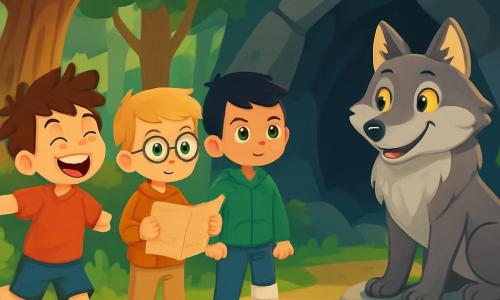 Există 4 personaje: - Luca: un băiat de 7 ani, cu părul castaniu și un zâmbet larg. Poartă un tricou roșu și o pereche de pantaloni scurți albaștri, râzând cu brațele deschise, plin de entuziasm. - Andrei: un băiat de 8 ani, cu ochelari rotunzi și părul blond. Poartă o cămașă cu carouri și o pereche de pantaloni bej, ținând o hartă veche în mâini, privind cu curiozitate. - Mihai: un băiat de 9 ani, cu părul negru și un bandaj la picior. Poartă un hanorac verde și blugi, stând drept cu o atitudine curajoasă, pregătit să înainteze. - Marele Lup Rău: un lup mare cu ochi strălucitori, cu blană gri și moale. Stă pe o piatră, privindu-i pe băieți cu o expresie prietenoasă, cu urechile mari ridicate. Locul se desfășoară într-o pădure densă și misterioasă, cu copaci majestuoși și frunze verzi strălucitoare. Razele de soare pătrund printre frunze, creând modele de lumină și umbră pe solul acoperit cu mușchi. În fundal, o peșteră întunecată se profilează, înconjurată de pietre mari, adăugând o notă de mister mediului. Situația principală a poveștii arată cei trei băieți apropiindu-se cu prudență de Marele Lup Rău, care îi întâmpină cu un zâmbet prietenos. Băieții, deși nervoși, afișează expresii de curiozitate și excitație, pregătiți să descopere adevărul despre lup.