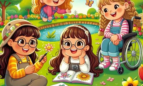 Clara, una niña de 12 años con largos cabellos castaños y gafas redondas, está sentada en la hierba verde, sonriendo ampliamente y sosteniendo un cuaderno en sus manos. A su lado, Sofía, una niña de 11 años con cabello rubio y rizado, observa una mariposa amarilla que vuela alrededor de ellas, con los ojos abiertos de asombro. Valeria, una niña de 12 años con cabello castaño y trenza, se inclina hacia adelante, dibujando una flor colorida en su cuaderno. Ana, una niña de 11 años en silla de ruedas, sonríe alegremente, sosteniendo un lápiz y un dibujo de girasol en sus manos. El lugar es un hermoso jardín escolar, lleno de flores brillantes de colores vivos y un pequeño estanque resplandeciente en el centro, rodeado de vegetación. La situación principal muestra a las cuatro amigas explorando el jardín, maravilladas por la belleza de la naturaleza, mientras toman notas y dibujan, celebrando así la llegada de la primavera y su amistad.