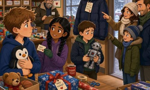 A 12-year-old boy, Leo, round-faced with messy light brown hair and a tender, slightly worried expression, stands near a table of toys holding a small stuffed penguin protectively; a 12-year-old girl, Priya, with brown skin and braided black hair and an encouraging smile, wearing green gloves, offers a sticker toward him; a 13-year-old boy, Owen, with short brown hair and a shy, relieved look, holds a repaired silver robot slightly back by an adult; Mr. Barlow, in his fifties with a thick coat and graying beard, watches kindly from near a sorting corner in a Christmas-decorated community center—wooden tables piled with colorful toys, white garlands and lights, wrapping paper and tags scattered, fogged windows showing snow—Leo is looking at a navy winter coat hung near the entrance with a handwritten tag as a family enters pointing to it with relief, the scene bathed in soft, generous light.