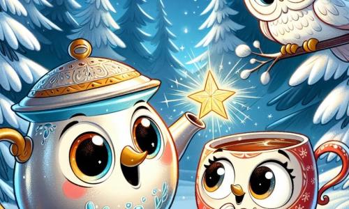 Teeny, a small shiny teapot with a blue spout and a lid that jingles like a bell, is at the center of the image, her eyes sparkling with joy as she holds a shimmering Christmas star in her spout. Next to her, Tilly, a small red cup with a delicate handle, wears a big amazed smile, her arms raised in happiness. The setting is a snowy forest, with majestic trees laden with sparkling snow and snowflakes gently falling from the light blue sky. In the background, a wise old owl with white feathers and bright eyes watches them kindly from a tree branch. The scene captures the magical moment when Teeny presents the Christmas star to Tilly, illuminating their surroundings with a soft golden light, symbolizing the spirit of Christmas and friendship.