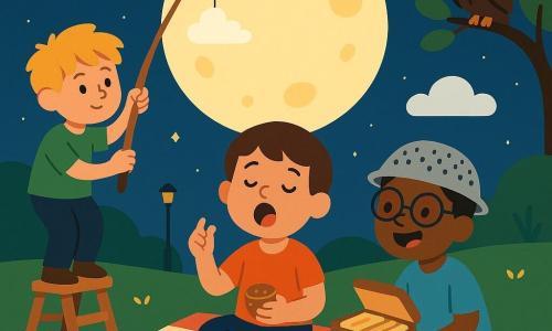 Three boys around nine years old sit on a striped blanket for a whimsical nighttime picnic on a grassy hill behind a small school: Sam, brown short hair, soft eyes, yawning and holding up a small jar of cookie crumbs; Milo, messy blond hair, green T-shirt, standing on a small wooden ladder to Sam’s left and holding an old fishing rod that hooks a fluffy cloud; Ben, black hair and round glasses, kneeling to Sam’s right with a metal sieve on his head like a helmet and an open sandwich box. A low, slightly textured full moon hangs above with a few cottony clouds and a perched owl, a soft lamppost and an old ladder rest on the hillside, textured deep green grass dotted with yellow flowers; the mood is warm, tender and comical with clean shapes, flat colors and rounded outlines for a child-friendly look.