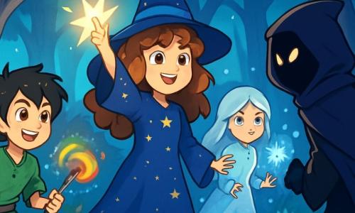 A young apprentice witch, Elara, aged 12, stands at the center of the scene. She has curly auburn hair cascading over her shoulders, and her emerald eyes shine with excitement and determination. She wears a midnight blue witch dress adorned with sparkling stars and raises a hand towards a magical light dancing before her, her face radiating courage. To her right, Kael, a 12-year-old boy with messy black hair and a mischievous smile, stands ready to help. He wears a green tunic and holds a magic wand, his eyes sparkling with mischief as he prepares a colorful illusion to support Elara. To her left, Mira, a 12-year-old girl with silver hair and bright blue eyes, focuses on the ice elemental she is summoning. She is dressed in a shimmering white gown, and snowflakes swirl around her, adding a touch of magic to the scene. The setting is an enchanted clearing in the Whispering Woods, where majestic silver-trunked trees reach towards the sky, their shiny leaves creating a fairy light effect. Luminescent flowers dot the ground, and a sparkling stream winds through the clearing. The main situation shows Elara, Kael, and Mira united against a mysterious thief, shrouded in shadows, attempting to escape with the Veil of Shadows. The air is charged with magical tension, and an aura of adventure surrounds them, ready to burst into a blaze of light and color.