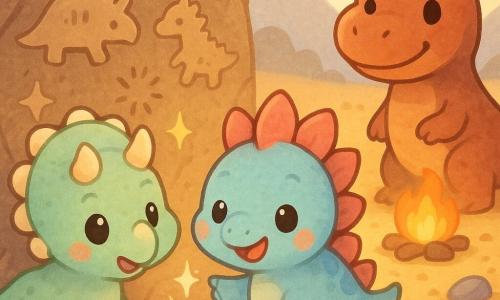 The main character is Tilly, a joyful, amazed triceratops with soft mint-green skin, big bright eyes, three small rounded horns and rosy cheeks, pointing her muzzle at rock carvings; secondary: Spike the stegosaurus, confident and smiling with a blue shell and pink plates, standing beside Tilly looking at the drawings with one foot raised toward a sparkling stone; secondary: Rex the tyrannosaur, imposing but kind with dark reddish-brown skin and a calm smile, in the background by a campfire observing; setting: edge of the Lost Desert at the foot of misty mountains, golden sand dotted with colorful stones and dry grasses, a large rock wall with ancient carvings and stylized stars; scene: Tilly and Spike discover ancestral carvings on the carved wall, warm lighting, rounded chibi silhouettes, bright colors and soft textures, composition centered on the characters and the carved wall.