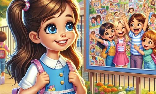O fetiță de 6 ani, pe nume Maria, stă în centrul imaginii, cu ochi mari și strălucitori și un zâmbet radiant. Ea poartă o uniformă școlară albastră cu o fustiță colorată cu flori, iar părul ei lung și brunet este prins în două codițe. Maria privește cu uimire un mare panou colorat la intrarea școlii, unde sunt expuse desenele copiilor. Lângă ea, mama ei, o femeie de aproximativ 30 de ani cu păr castaniu și un zâmbet cald, îi ține mâna încurajând-o. Ea poartă o rochie ușoară și un rucsac pe umăr. Puțin mai departe, sora ei mai mare, Ana, în vârstă de 10 ani, stă cu un grup de copii, râzând și discutând vesel, purtând un tricou cu dungi și blugi. Locul este o curte de școală însorită, înconjurată de copaci mari cu frunze aurii, cu jocuri colorate și copii care se distrează. Baloane plutesc în cerul albastru, iar flori multicolore marginesc cărarea. Situația principală o arată pe Maria, plină de entuziasm și anticipare, pregătită să intre în noua ei școală pentru prima zi, înconjurată de familie și noi prieteni, simbolizând începutul unei frumoase aventuri școlare.
