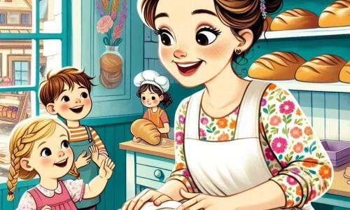 In a warm and colorful bakery, a joyful woman named Lucy, in her thirties with brown hair in a bun and a floral apron, is kneading bread dough with a big smile on her face. Her eyes sparkle with happiness as she shows the children how to make bread. Next to her, a little girl named Mia, 7 years old with braided blonde hair and a pink dress, watches in awe, holding a small piece of dough in her hands. She smiles with excitement, ready to try kneading the dough herself. An 8-year-old boy named Jack, with messy brown hair and a blue t-shirt, stands a bit back, observing intently. He has a curious and eager look, waiting for his turn to join in the bakery magic. The bakery is lively, with shelves filled with golden breads, colorful cakes, and crispy cookies. Sunbeams filter through the large windows, illuminating the flour dancing in the air. The main scene shows Lucy, Mia, and Jack kneading the dough together, laughing and sharing joyful moments, while the sweet aroma of warm bread fills the air, creating a magical and friendly atmosphere.