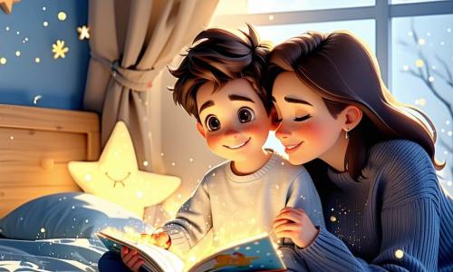 Een driejarig jongetje, Sam, met rommelig bruin haar en sprankelende ogen, zit op zijn bed en houdt een geïllustreerd boek over sterren vast. Hij heeft een nieuwsgierige maar ook een beetje bange uitdrukking op zijn gezicht, met een lichte glimlach, terwijl hij naar buiten kijkt. Naast hem leunt zijn moeder, een vrouw van rond de dertig met lang kastanjebruin haar en een zachte trui, naar hem toe om hem een troostende kus te geven. Ze heeft een tedere en geruststellende blik terwijl ze dicht bij hem in de kamer staat. De scène speelt zich af in een warme kinderkamer met pastelblauwe muren, sterren op het plafond en een kleine lamp die zacht licht verspreidt. Een knuffel ligt op het bed en er liggen boeken verspreid op een plank. Sam kijkt, een beetje nerveus maar vastberaden, naar de sterrenhemel buiten, klaar om zijn angst voor het donker te overwinnen, terwijl zijn moeder hem steun en liefde biedt.