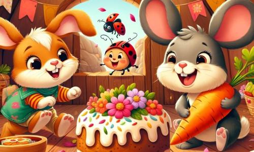 Benny the Bunny, a small rabbit with big ears and soft brown fur, is filled with joy, hopping with a big smile while holding a colorful card in his paws. Next to him, Lily the Ladybug, a little red ladybug with black spots, is happily flying and waving her wings, her face beaming with excitement. Max the Mouse, a small gray mouse with big curious eyes, is carrying a huge orange carrot, looking determined and proud. The scene takes place in Benny's cozy burrow, with earthen walls and colorful floral decorations creating a festive and warm atmosphere. In the center, a wooden table is laden with a carrot cake, surrounded by fresh flowers and petal garlands. The main situation shows Benny and his friends preparing a surprise for Mother's Day, filled with enthusiasm and love, ready to celebrate with their mom.
