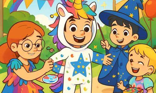 Sunt 4 copii: Darius, un băiat de 10 ani cu părul castaniu și ochi strălucitori, îmbrăcat în costum de unicorn cu o coifură colorată și clopoței. Mara, o fată de 10 ani cu părul roșu și ochelari rotunzi, poartă o rochie colorată și pictează costumele lui Darius. Vlad, un băiat de 10 ani cu părul negru și un zâmbet ștrengar, îmbrăcat într-o capa albastră cu stele aurii, face magie cu o baghetă. Lili, o fetiță de 9 ani cu părul blond, poartă o rochie pastel și ține o cutie cu dulciuri. Scena are loc într-o curte însorită, decorată cu ghirlande colorate și baloane, iar copiii pregătesc costumele pentru carnaval, râzând și ajutându-se reciproc, creând o atmosferă veselă și creativă.
