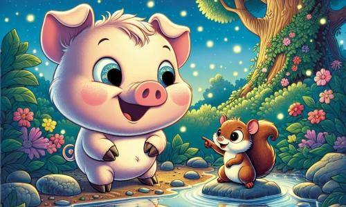 Un pequeño cerdito llamado Paco, con mejillas rosas y ojos llenos de curiosidad, se encuentra al borde de un arroyo brillante bajo la luz de la luna. Sonríe con entusiasmo y asombro al mirarse en el agua. A su lado, una pequeña ardilla llamada Susi, con pelaje marrón y ojos vivos, trepa una piedra, señalando el reflejo del cerdito con una expresión alegre y cómplice. Al fondo, un viejo arbusto majestuoso, con hojas verdes y flores coloridas, se alza bajo un cielo estrellado, mientras luciérnagas danzan a su alrededor, creando una atmósfera mágica. La escena captura el momento en que Paco se da cuenta de que la verdadera sabiduría reside en él mismo, rodeado de sus amigos en este rincón encantador del bosque.