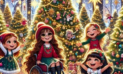 Cuatro amigas están reunidas en un bosque encantado, rodeadas de abetos decorados con luces brillantes y copos de nieve que caen suavemente. Sofía, una niña de 8 años con grandes ojos brillantes y cabello castaño rizado, baila alegremente cerca del gran árbol de Navidad. Valentina, una niña de 7 años con cabello largo y liso, lleva un gorro rojo y sonríe sosteniendo dulces de colores. Lucía, una niña de 9 años con cabello rizado y gafas, se divierte deslizándose sobre la nieve brillante, riendo con felicidad. Clara, una niña de 8 años en silla de ruedas, está rodeada de animales mágicos, su rostro radiante de alegría mientras admira las decoraciones. El lugar es un hermoso bosque nevado, iluminado por estrellas doradas y guirnaldas brillantes, creando una atmósfera mágica. Las criaturas mágicas, como hadas y duendes, bailan alrededor de ellas, añadiendo a la magia de la escena. La situación principal muestra a las cuatro amigas celebrando juntas la magia de la Navidad, compartiendo risas y dulces, rodeadas de un universo de ensueño donde los deseos se hacen realidad.