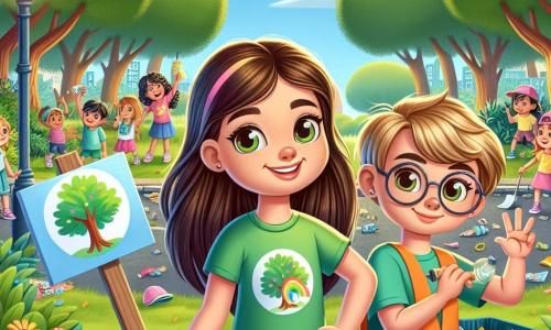 Una niña de 8 años, Lucía, con largos cabellos castaños y ojos llenos de curiosidad, está en el centro de la imagen, sonriendo y llena de energía, sosteniendo un cartel colorido que dice 