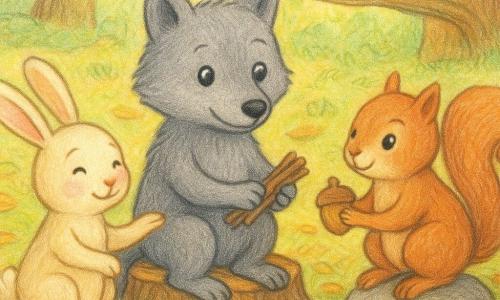 El protagonista es un pequeño lobo llamado Luno, pelaje gris, sentado en una tocón sosteniendo una ramita de madera gastada; la liebre Lila, de orejas largas y pelaje crema, ofrece con timidez la mitad de una bellota con la pata izquierda; la ardilla Sisa, de cola rizada y pelaje rojizo, sostiene la otra mitad sentada en una piedra cercana; varios pájaros coloridos posados en una rama baja escuchan la escena y, al fondo a la izquierda, la tortuga Tula mira desde el borde de un pequeño estanque; la escena ocurre en una clara de bosque con tapiz de hojas amarillas y verdes, setas, rayos de sol y un viejo tronco cubierto de musgo; Luno media para compartir la bellota entre Lila y Sisa, gestos lentos y rostros serenos en una atmósfera cálida y conciliadora, paleta pastel y texturas de lápiz de color visibles.