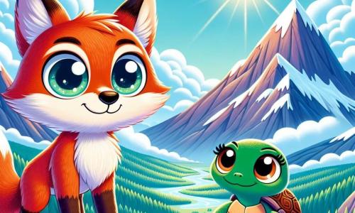 Ein kleiner Fuchs namens Felix mit leuchtend orangefarbenem Fell und neugierigen Augen steht mutig auf einem Berggipfel und schaut entschlossen in die Ferne. An seiner Seite steht eine kleine Schildkröte namens Tilly mit einem grünen Panzer und großen, sanften Augen, die ermutigend lächelt und fest auf ihren Beinen steht. Im Hintergrund erstreckt sich eine majestätische Berglandschaft mit schneebedeckten Gipfeln, weißen Wolken und einem grünen Wald im Tal. Die Szene strahlt Abenteuer und Magie aus, mit Sonnenstrahlen, die durch die Wolken brechen. Felix und Tilly sind bereit, die Herausforderung zu meistern, den verschwundenen Fluss zu finden, was ihren Mut und ihre Freundschaft angesichts des Unbekannten symbolisiert.