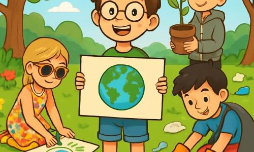 Hay 4 niños: - Martín: un chico de 12 años, con pelo castaño desordenado y gafas redondas. Lleva una camiseta verde con un logo de hoja y un short de mezclilla. Está en el centro, sonriendo, sosteniendo un gran cartel "Protejamos nuestro planeta". - Clara: una chica de 11 años, con largas trenzas rubias y gafas de sol. Lleva un vestido colorido con flores y sandalias. Está a la izquierda de Martín, dibujando en un gran papel con crayones de colores. - Leo: un chico de 12 años, con pelo negro y pecas. Lleva una camiseta azul y un short rojo. Está a la derecha de Martín, recogiendo basura con guantes y una gran bolsa. - Juan: un chico de 12 años, con pelo castaño y una sonrisa tímida. Lleva una sudadera gris y pantalones negros. Está detrás de Martín, sosteniendo un árbol en maceta, listo para plantarlo. El lugar es un parque verde, lleno de árboles majestuosos, flores coloridas y un cielo azul claro con nubes blancas. En el suelo hay basura esparcida, pero también áreas limpias con hierba verde y fresca. La situación principal muestra a los niños trabajando juntos para limpiar el parque. Martín anima a sus amigos, Clara dibuja carteles, Leo recoge basura y Juan se prepara para plantar un árbol. La atmósfera es alegre y dinámica, ilustrando el espíritu de equipo y el amor por la naturaleza.
