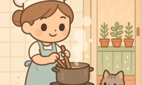 Een vrouwelijke chef-kok, glimlachend en geconcentreerd, in een lichtblauwe schort en ronde koksmuts, lichtbruin haar in een knot, grote heldere ogen, houdt een grote houten lepel en roert in een dampende pan op een gietijzeren fornuis; een klein grijs gestreept katje zit op de dorpel en kijkt nieuwsgierig naar de pan, staart opgerold, oren gericht; decor: lichte rustieke keuken open naar een door de regen natte terras, potten met kruiden (rozemarijn, basilicum, tijm) op de vensterbank, witte tegels, warme roze-zonsondergangslucht door de schuifruit; situatie: de chef maakt na de regen een geurige marinade, lichte stoom en glanzende druppels op de bladeren, zachte troostrijke sfeer, pasteltinten (zalmroze, saliegroen, room); grafische stijl: eenvoudige lijnen, ronde vormen, zachte contrasten, minimalistische texturen en schattige details (kleine stapeltjes stoom, reflecties op druppels).