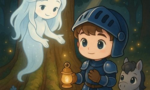 Un cavaliere chibi ragazzo dal volto rotondo con armatura blu notte lucente e dettagli argentati, espressione attenta e dolce, tiene una piccola lampada dorata e posa l'altra mano sul cuore vicino a una grande radice; uno spirito-femmina Lira umanoide luminoso dai lunghi capelli argentati come fili di luce, sorriso timido, fluttua vicino al tronco della quercia porgendo una mano traslucida verso il cavaliere; un piccolo cavallo grigio chibi dagli occhi grandi e curiosi accanto al cavaliere con uno sciame di lucciole dorate; una quercia millenaria al centro con corteccia testurizzata, radici avvolte, muschio verde e piccole fioriture blu; foresta scura ma calda, morbido raggio di luna, tappeto di foglie kaki e ocra e lucciole come punti luminosi; scena calma e magica di connessione e scoperta, composizione centrata, colori pastello contrastati, linee nette, stile chibi kawaii con espressioni molto leggibili per i bambini.