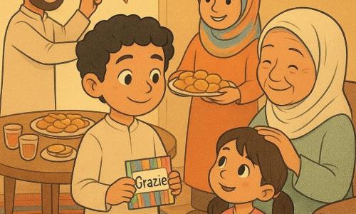 Un ragazzo di 8 anni, Omar, sorridente e timido, capelli neri ricci e pelle abbronzata, indossa una tunica chiara e tiene un piccolo pacchetto colorato di segnalibri fatti a mano; porge un segnalibro con scritto «Grazie». Accanto a lui, a destra, una bambina di circa 5 anni, Lila, coi capelli raccolti in codini e un vestitino rosa a pois, lo guarda ammirata vicino a un tavolo di festa. Dietro il tavolo la mamma, donna adulta dai capelli lunghi scuri con un leggero hijab colorato, sorride mentre sistema piatti di biscotti dorati; a sinistra un uomo adulto, il papà, con barba corta e camicia tradizionale, appende una ghirlanda colorata al muro. Seduta su una poltrona a destra la nonna, donna di circa 70 anni con capelli grigi sotto un foulard, posa affettuosamente la mano sulla testa di Omar. Ambientazione: salotto caldo decorato per l'Aïd con luci dorate, ghirlande, tappeti colorati, un vassoio di dolci lucenti e tazze di tè su un tavolino in legno. Situazione: momento conviviale e dolce in cui Omar condivide simbolicamente segnalibri con parole gentili, atmosfera luminosa, espressioni benevole e gioia familiare. Stile grafico: colori caldi, contorni morbidi, leggere texture papercraft, illuminazione dorata, volti espressivi e occhi brillanti.