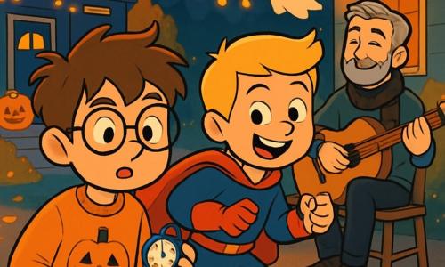 There are 3 characters: Elliot, a 9-year-old boy with messy brown hair and round glasses, wearing an orange sweater with a pumpkin pattern and holding a stopwatch; Max, a 9-year-old boy with blonde hair and a big smile, dressed as a superhero with a red cape and black boots, standing next to Elliot ready to run; and Mr. Arlo, an adult man with gray hair and a well-groomed beard, wearing a black scarf with little bats, sitting on a wooden chair slightly back, smiling at the two boys while playing the guitar. The scene takes place on a busy neighborhood street during Halloween, with houses decorated with pumpkin lanterns and paper ghosts, orange fairy lights twinkling in the dark, and golden autumn leaves scattered on the ground. The air is cool and filled with the scent of apples and cinnamon. The main situation shows Elliot and Max ready to time the race of costumed children, with Elliot focused on his stopwatch and Max poised to take off. Mr. Arlo plays a cheerful melody, creating a festive and warm atmosphere, while costumed children joyfully run around them, adding to the excitement of Halloween night.